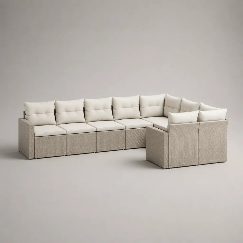 Gartensofa-Set, 7-Sitzer aus PE-Rattan mit Polyesterkissen, L-Form, Beige/Cremeweiß, 320 x 240 x 72 cm
