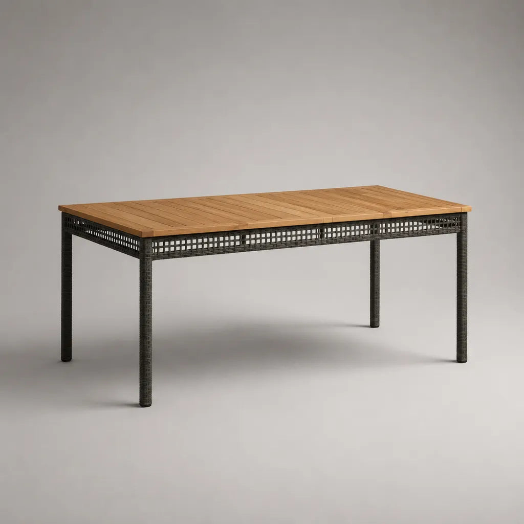 Rechteckiger Gartentisch aus Akazienmassivholz und PE-Rattan, Natur/Schwarz, 190 × 90 × 75 cm