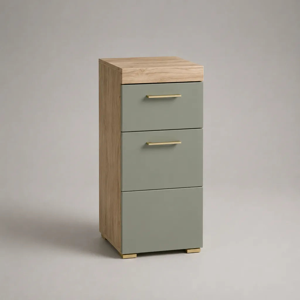 Schmaler Badschrank aus melaminharzbeschichteter Spanplatte mit 2 Schubladen und 1 Tür, Eiche Natur und Salbeigrün, 40 × 35 × 90 cm
