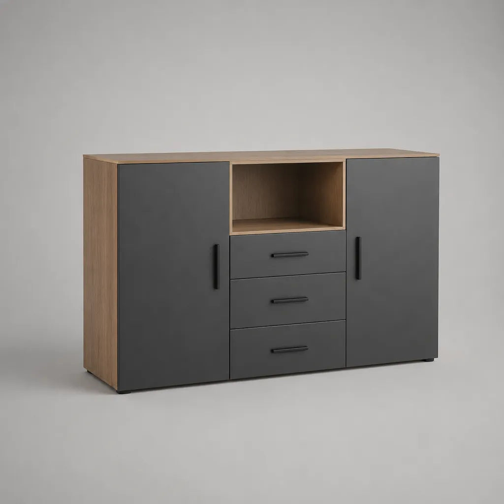 Sideboard aus melaminbeschichteter Spanplatte mit 2 Türen, 3 Schubladen und Ablagefach, Eichedekor und Anthrazit, 140 × 40 × 90 cm