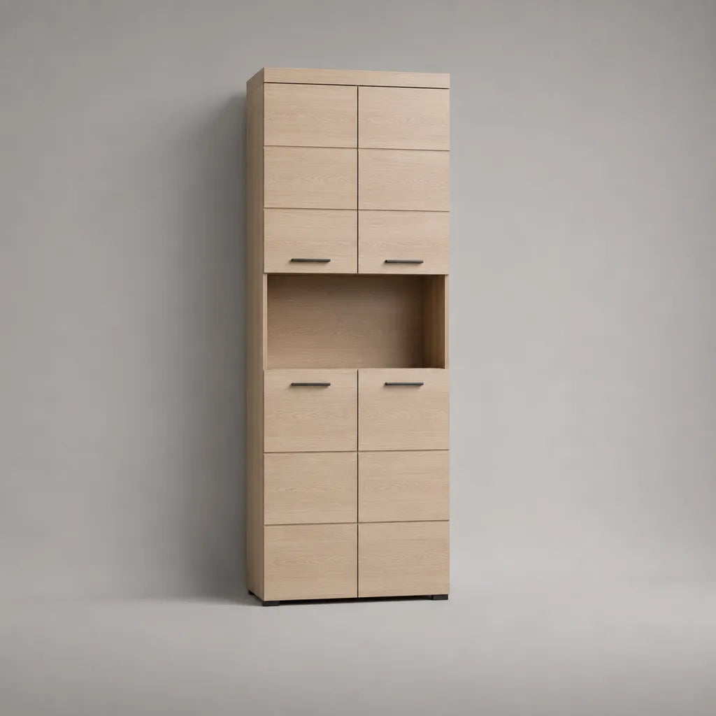 Hochschrank aus Spanplatte mit 4 Türen und offenem Fach, Eiche hell/Anthrazit, 190 × 60 × 32 cm