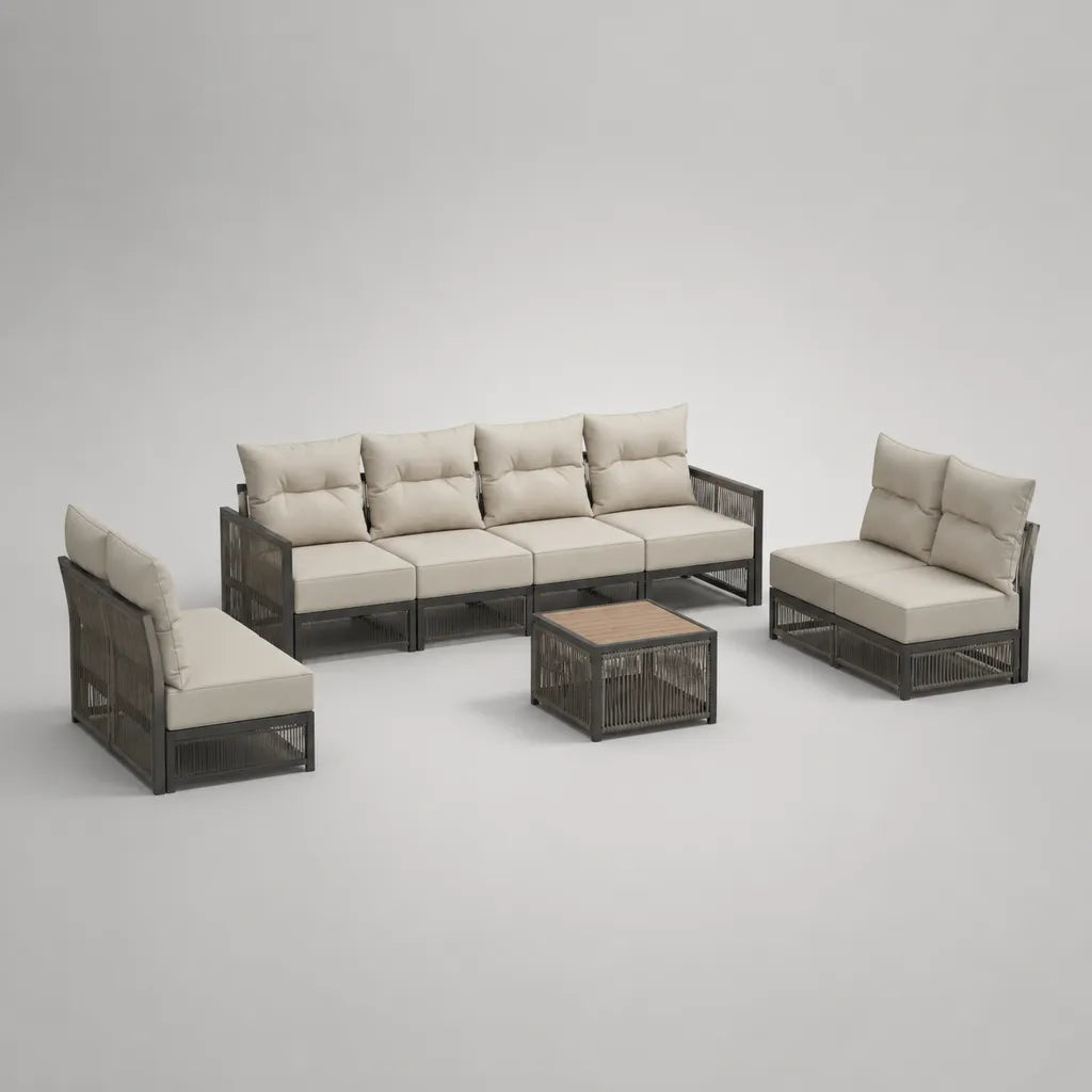 4-teiliges Gartensofa-Set für 8 Personen aus PE-Geflecht und Stahl, Grau, Beige und Braun, 4-Sitzer 260 × 78 × 78 cm, 2-Sitzer je 132 × 78 × 78 cm, Tisch 70 × 70 × 40 cm