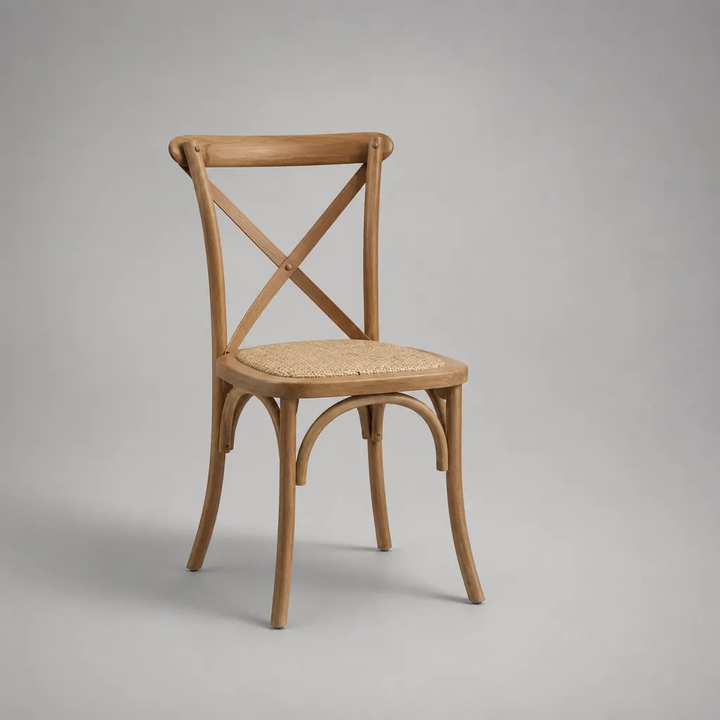 Esszimmerstuhl mit Kreuzlehne, Naturfarben/Beige, 49 × 53 × 88 cm, aus Buchenmassivholz und Rattangeflecht