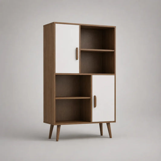 Bücherregal aus Spanplatte mit 2 Türen und 4 offenen Fächern, Walnussbraun und Weiß, 90 × 35 × 150 cm