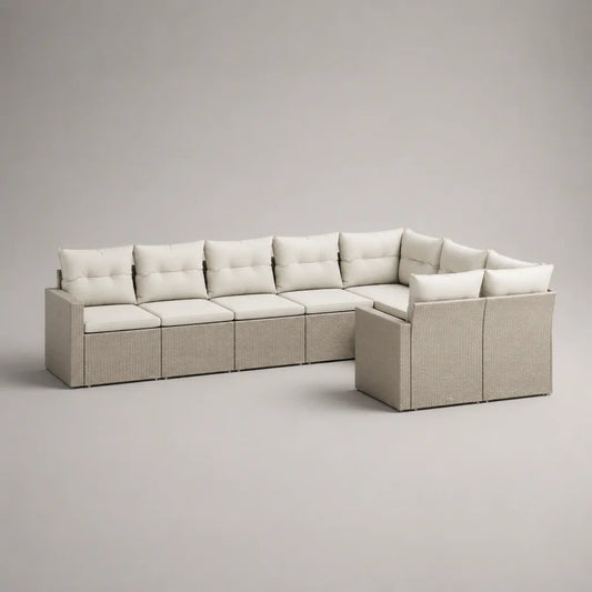 Gartensofa-Set, 7-Sitzer aus PE-Rattan mit Polyesterkissen, L-Form, Beige/Cremeweiß, 320 x 240 x 72 cm