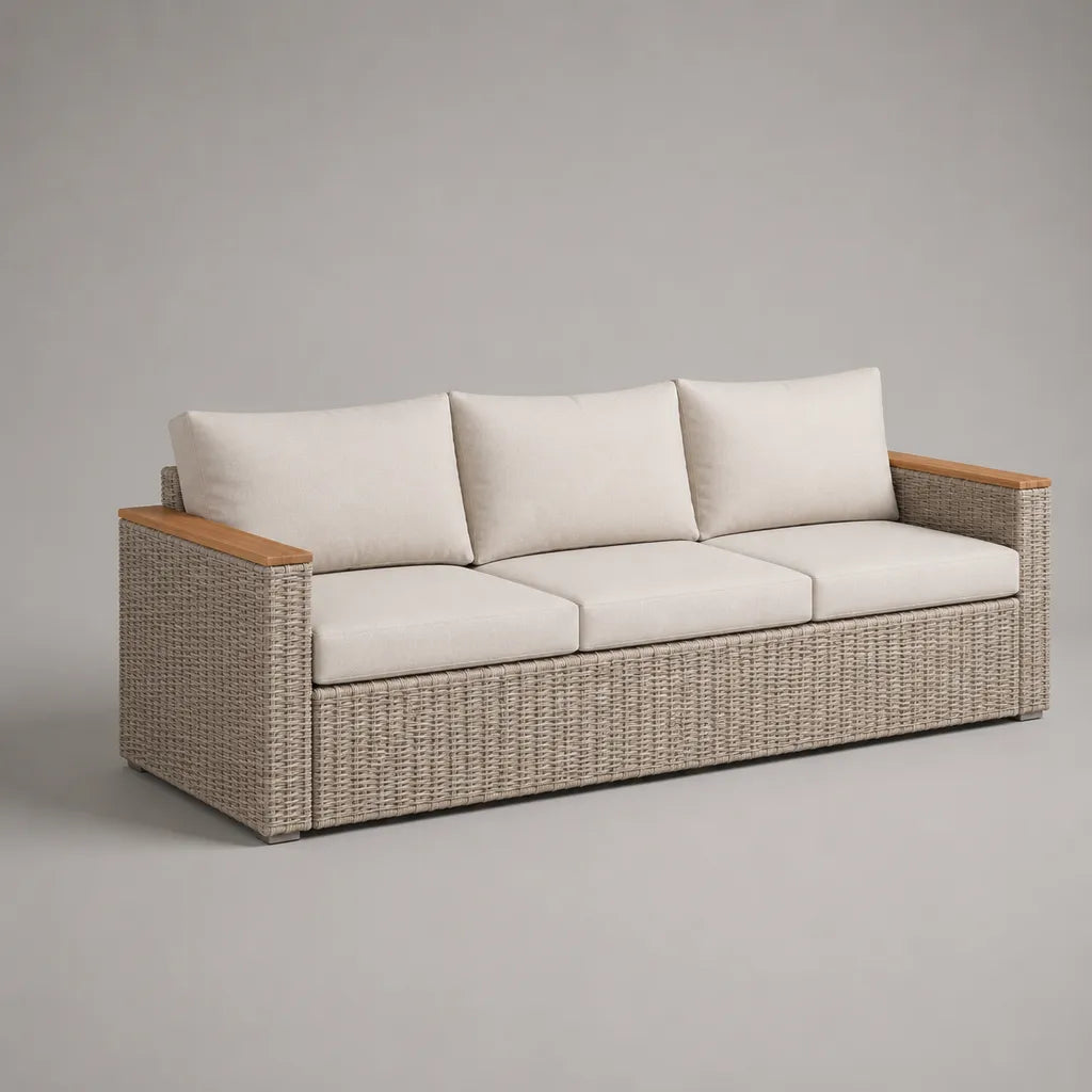 Gartensofa 3-Sitzer aus PE-Rattan mit Polyesterkissen und Akazienholz, Beige/Grau/Hellbraun, 218 × 82 × 78 cm