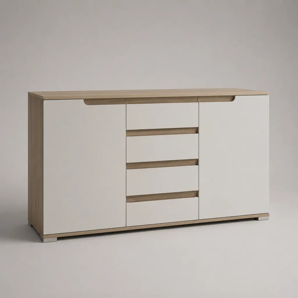 Sideboard mit 2 Türen und 4 Schubladen aus melaminharzbeschichteter Spanplatte, Weiß/Eichefarben, 160 × 40 × 90 cm