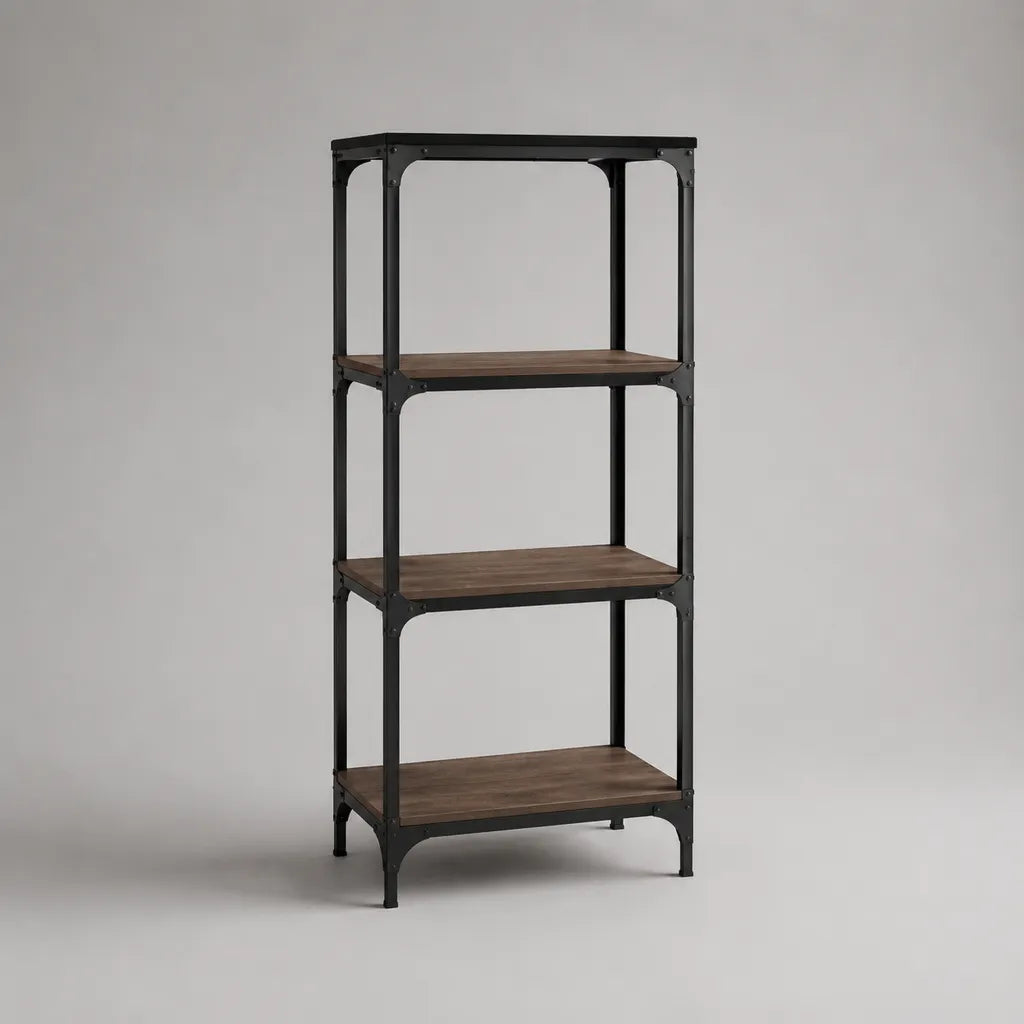 Standregal mit 3 Ablagen aus Stahl und MDF, Schwarz/Dunkelbraun, 60 × 30 × 130 cm