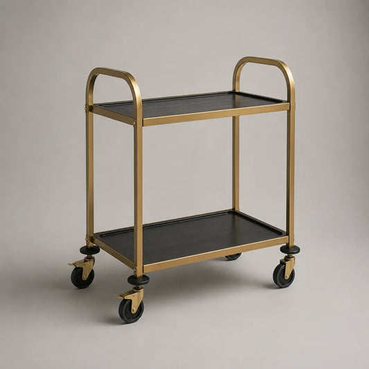 Küchenwagen und Servierwagen aus Stahl mit 2 Ablagen und 4 Rollen, Schwarz/Gold, 70 × 40 × 85 cm