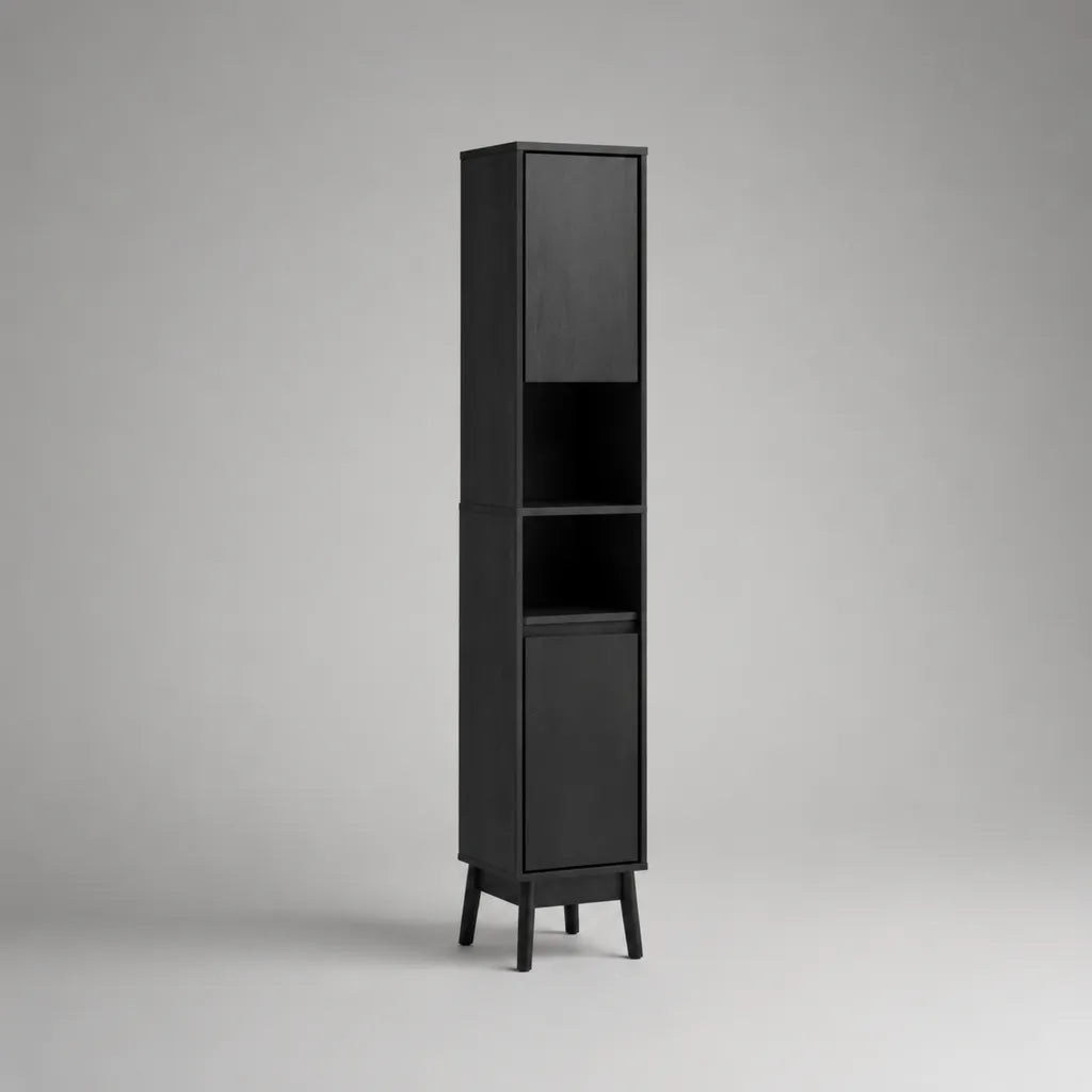 Schwarzer MDF-Hochschrank mit 2 Türen und 2 offenen Fächern, 35 × 30 × 180 cm