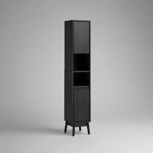 Schwarzer MDF-Hochschrank mit 2 Türen und 2 offenen Fächern, 35 × 30 × 180 cm