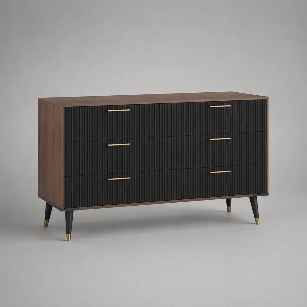 Sideboard mit 6 Schubladen aus MDF und Massivholz, Schwarz und Braun, 140 × 40 × 80 cm