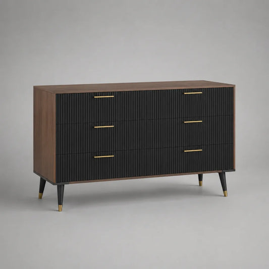 Sideboard mit 6 Schubladen aus MDF und Massivholz, Schwarz und Braun, 140 × 40 × 80 cm