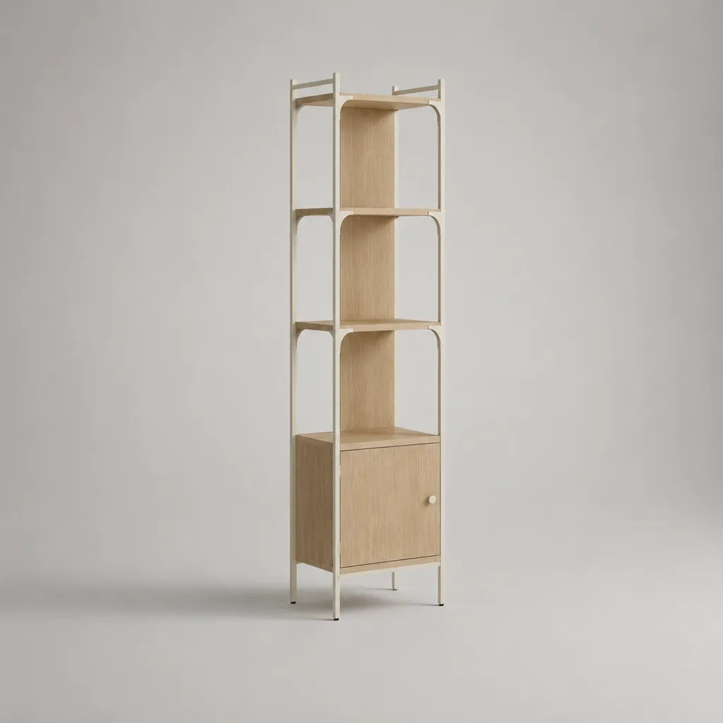 Schmales Bücherregal mit Schrankfach, MDF mit Eichenfurnier und Stahlrahmen, Natur/Beige, 40 × 35 × 180 cm