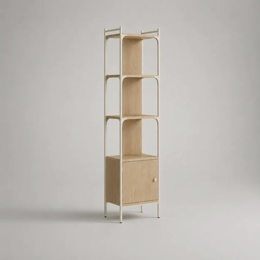Schmales Bücherregal mit Schrankfach, MDF mit Eichenfurnier und Stahlrahmen, Natur/Beige, 40 × 35 × 180 cm