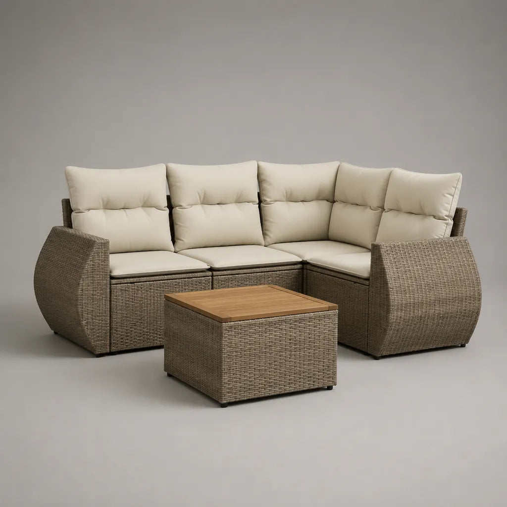 4-teiliges L-förmiges Gartensofa-Set aus PE-Rattan mit Stahlgestell, Polsterauflagen und Tisch, Taupe/Beige/Braun, 235 × 165 × 90 cm