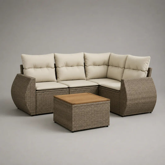 4-teiliges L-förmiges Gartensofa-Set aus PE-Rattan mit Stahlgestell, Polsterauflagen und Tisch, Taupe/Beige/Braun, 235 × 165 × 90 cm
