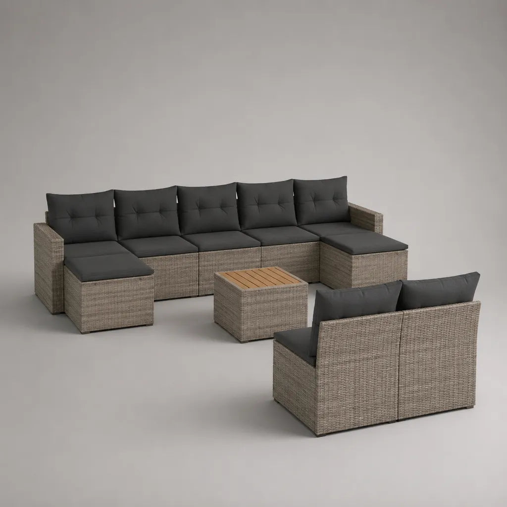10-teiliges Gartensofa-Set, 9-Sitzer in U-Form, PE-Polyrattan und Stahl, Taupe/Dunkelgrau, 336 × 134 × 74 cm