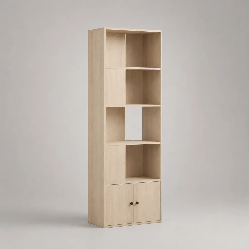 Bücherregal mit Unterschrank, 7 offene Fächer, Spanplatte, Natur-Eiche/Schwarz, 60 × 30 × 180 cm