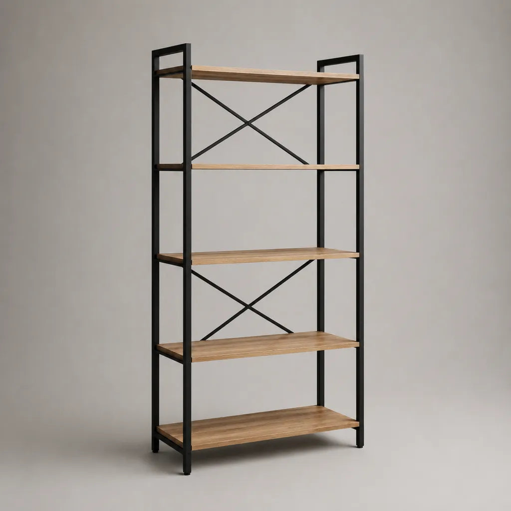 Bücherregal Standregal aus Spanplatte und Stahl, Eichefarben/Schwarz, 180 x 80 x 30 cm, 5 Ablagen