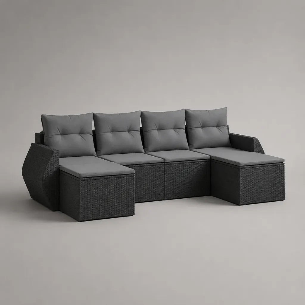 6-teiliges Gartensofa, 4-Sitzer aus PE-Rattan mit Stahlgestell, U-Form, Anthrazit/Grau, 248 × 124 × 74 cm