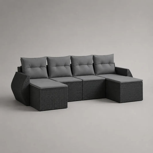 6-teiliges Gartensofa, 4-Sitzer aus PE-Rattan mit Stahlgestell, U-Form, Anthrazit/Grau, 248 × 124 × 74 cm
