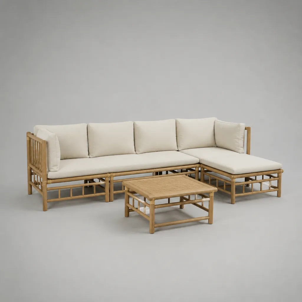 3-teiliges Gartensofa-Set aus Bambus mit Polyesterkissen und Couchtisch, L-Form rechts, Natur/Creme, 255 × 160 × 80 cm