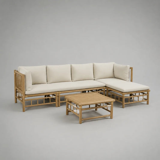 3-teiliges Gartensofa-Set aus Bambus mit Polyesterkissen und Couchtisch, L-Form rechts, Natur/Creme, 255 × 160 × 80 cm
