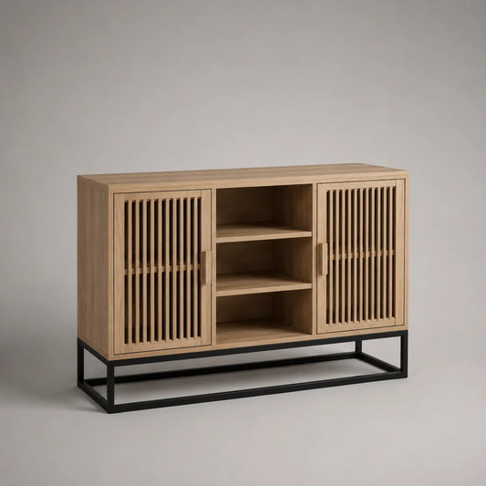 Sideboard mit 2 Lamellentüren und 3 offenen Fächern, Eichenfurnier und Stahl, Eiche natur/Schwarz, 120 × 40 × 90 cm