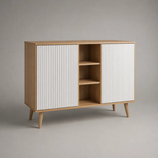 Sideboard aus Spanplatte und MDF mit 2 Türen und 3 offenen Fächern, Eiche natur/Weiß, 120 × 40 × 90 cm