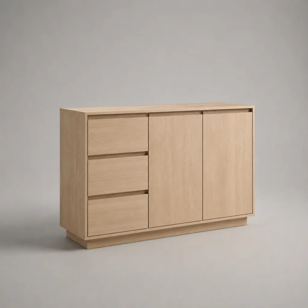 Sideboard aus MDF mit Eichenfurnier, 3 Schubladen und 2 Türen, Eiche Natur, 120 × 40 × 90 cm
